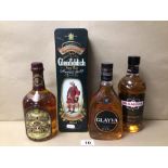 FOUR BOTTLES OF SCOTCH WHISKEY, INCLUDES GLAYVA, DRAMBUIE, CHIVAS REGAL, AND GLENFIDDICH