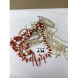 COLLECTION OF VINTAGE CULTURED PEARL, CORAL, AND IVORY NECKLACES/BRACELETS X 12