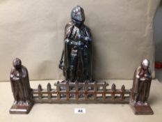 A VINTAGE LUSTRE ENAMEL CAST IRON FIRESIDE KNIGHT COMPANION SET WITH A MATCHING FIREPLACE KNIGHTS