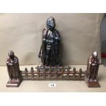 A VINTAGE LUSTRE ENAMEL CAST IRON FIRESIDE KNIGHT COMPANION SET WITH A MATCHING FIREPLACE KNIGHTS