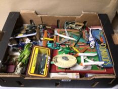 A MIXED COLLECTION OF PLAY WORN DIECAST MODEL VEHICLES, TOYS MECCANO, AND MORE (SOME BOXED),