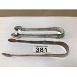 TWO PAIRS GEORGE III HALLMARKED SILVER BRIGHT CUT SUGAR TONGS, 13.5CM, 64G