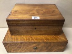 TWO VENEERED RECTANGULAR WOODEN WORK/SEWING BOXES (A/F)