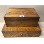 TWO VENEERED RECTANGULAR WOODEN WORK/SEWING BOXES (A/F)