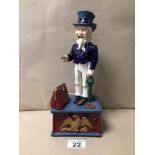 A CAST-IRON ‘UNCLE SAM’ MECHANICAL MONEY BOX 29CM IN HEIGHT