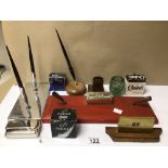 A MIXED COLLECTION OF PEN DESK STANDS, PENS, INK, AND MORE.