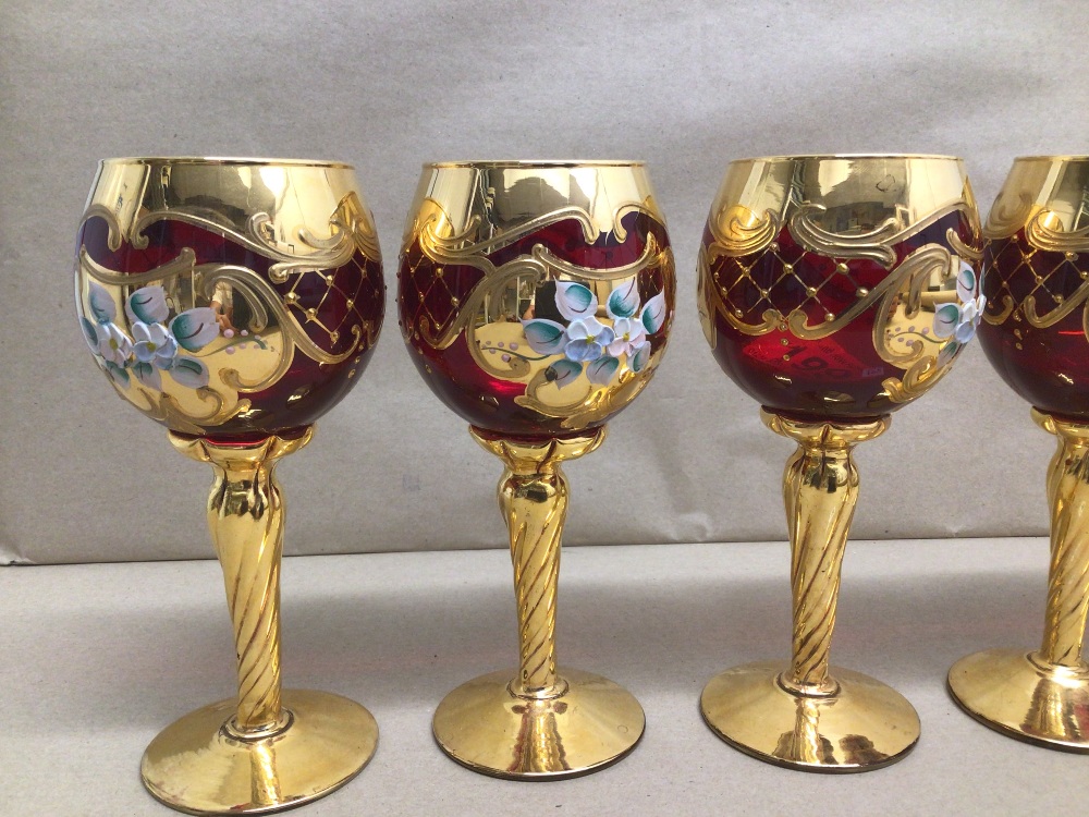 A SET OF SIX MURANO STYLED RUBY RED GILDED AND ENAMELED WINE GLASSES - Image 2 of 4