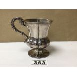 VICTORIAN HALLMARKED SILVER LOBED CIRCULAR CHRISTENING MUG ON PEDESTAL BASE, 10CM, 124G