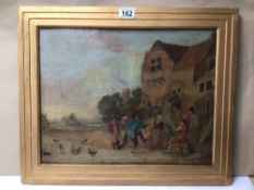 AN INDISTINCTLY SIGNED GILDED FRAMED OIL ON CANVAS DEPICTING FIGURES BY A TAVERN, 45CM X 35CM