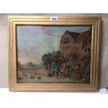 AN INDISTINCTLY SIGNED GILDED FRAMED OIL ON CANVAS DEPICTING FIGURES BY A TAVERN, 45CM X 35CM