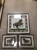 FRAMED AND GLAZED INDIAN PAINTINGS ON SILK OF HORSES, THE LARGEST 70 X 64CM