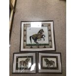 FRAMED AND GLAZED INDIAN PAINTINGS ON SILK OF HORSES, THE LARGEST 70 X 64CM