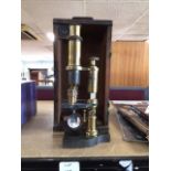 A BRASS BAKER 244 HIGH HOLBORN MICROSCOPE IN WOODEN CASE A/F