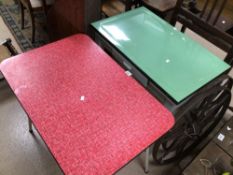 LUSTY GREEN METAL TOP KITCHEN TABLE WITH DRAWER, 87 X 54 X 78CM ON A WOODEN BASE WITH A RED