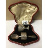 HALLMARKED SILVER CHRISTENING SET- EGG CUP, SPOON & NAPKIN RING, CASED, 104G