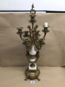 A GILT BRASS AND MARBLE SIX BRANCH CANDELABRA, STAMPED BREVETTATO (N7087-B77) TO BASE, 69CM