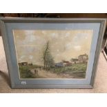 E.FEBVRE FRAMED AND GLAZED PAINTING OF A VILLAGE SCENE