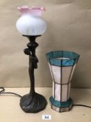 AN ART DECO TABLE LAMP OF A BRONZED UPRIGHT LADY, TOGETHER WITH A STAINED GLASS (BLUE AND WHITE)