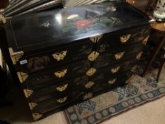 CHINESE BLACK LACQUER CHINOISERIE EIGHT DRAWER CHEST WITH HAND PAINTED FLOWERS, BIRDS AND TREES,