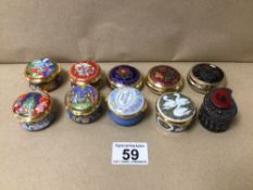 A COLLECTION OF TEN PILLBOXES MOST WITH ENAMEL DETAILING, INCLUDES HALCYON DAYS, A LIMITED EDITION