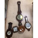 FOUR VINTAGE BANJO BAROMETERS AND A WOODEN LIDDED POT