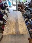 LARGE VICTORIAN PINE DINING TABLE WITH TWO HOLES FOR UMBRELLA, 240 X 131 X 79CM