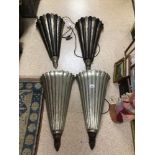 TWO PAIRS WOODEN FLUTED BLACK AND SILVER SCONCES 65CM WITH LIGHTS