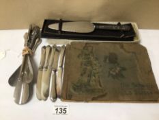 A MIXED COLLECTION OF SILVER HANDLED ITEMS, INCLUDES SHOEHORNS, BUTTONHOOKS,S AND FLATWARE, TOGETHER