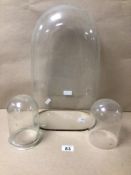 THREE GLASS DOMES LARGEST BEING 43CM