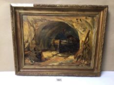 A SIGNED M.H. (94) GILT FRAMED OIL ON BOARD DEPICTING OF A SHIPWRIGHT/ FISHERMAN IN A CAVE, 48CM X