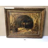 A SIGNED M.H. (94) GILT FRAMED OIL ON BOARD DEPICTING OF A SHIPWRIGHT/ FISHERMAN IN A CAVE, 48CM X