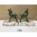 A PAIR OF SPELTER FAWN FIGURE BOOKS ENDS ON MARBLE BASES, ONE WITH FAULTS, 11CM X 7CM X 12CM