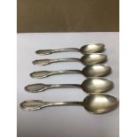 SET OF FIVE CONTINENTAL 800 SILVER SPOONS, 129G