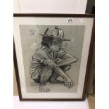AN INDISTINCTLY SIGNED FRAMED AND GLAZED CHALK AND PENCIL DRAWING DEPICTING A BOY SMOKING, 57CM X