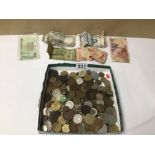 A QUANTITY OF BRITISH AND WORLD COINS AND BANKNOTES, SOME SILVER, RBS £1 NOTE