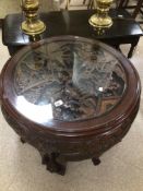 MID-CENTURY CHINESE CARVED TEA TABLE WITH FOUR INSET CHAIRS