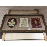 THREE VICTORIAN PIECES INCLUDES VELVET SAMPLERS CASED IN GLASS, 73 X 35CM