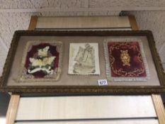 THREE VICTORIAN PIECES INCLUDES VELVET SAMPLERS CASED IN GLASS, 73 X 35CM