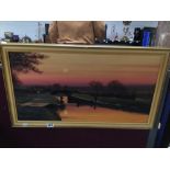 E. BOTTOMLEY 77 OIL ON BOARD (SUNSET) FRAMED 84 X 48CM