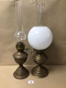 TWO VINTAGE BRASS OIL LAMPS, 54CM IN HEIGHT