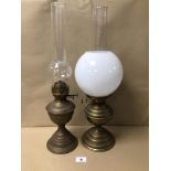 TWO VINTAGE BRASS OIL LAMPS, 54CM IN HEIGHT