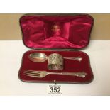 HALLMARKED SILVER CHRISTENING SET, SPOON, FORK & NAPKIN RING, CASED, 102G