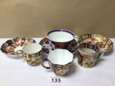 A ROYAL CROWN DERBY IMARI PATTERN CUP AND SAUCER WITH A SIMILAR CUP AND TWO 19TH CENTURY DERBY
