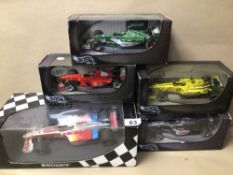 A FIVE BOXED COLLECTION OF DIE-CAST RACING CARS, (FOUR HOT WHEELS AND A MINICHAMPS)