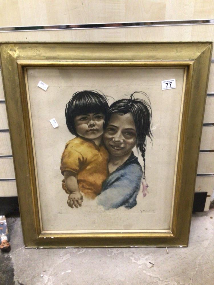 AN INDISTINCTLY SIGNED PRINT OF A BOY AND GIRL (84/350), GILT-FRAMED AND GLAZED, 58CM X 68CM