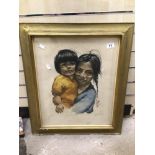 AN INDISTINCTLY SIGNED PRINT OF A BOY AND GIRL (84/350), GILT-FRAMED AND GLAZED, 58CM X 68CM