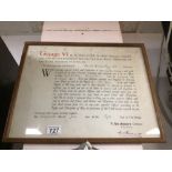 FRAMED AND GLAZED GEORGE VI DISCHARGE CERTIFICATE