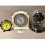THREE VINTAGE CLOCKS, INCLUDES A SCHATZ AND SOHNE ANNIVERSARY MANTEL CLOCK WITH DOME COVER, A YELLOW