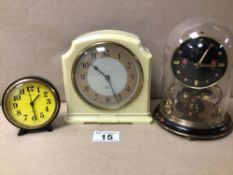 THREE VINTAGE CLOCKS, INCLUDES A SCHATZ AND SOHNE ANNIVERSARY MANTEL CLOCK WITH DOME COVER, A YELLOW