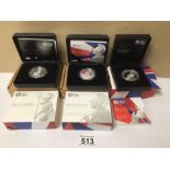 THREE BRITANNIA ONE OUNCE SILVER PROOF COINS IN PRESENTATION BOX WITH C.O.A YEARS 2013/14/15